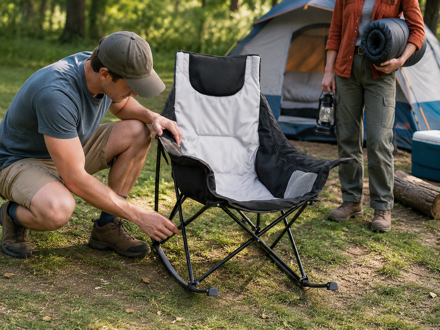 Male assembling oversized padded folding rocking camping moon chair on grass campsite, female holding sleeping bag and lantern near dome tent, easy-setup portable outdoor folding camping chair