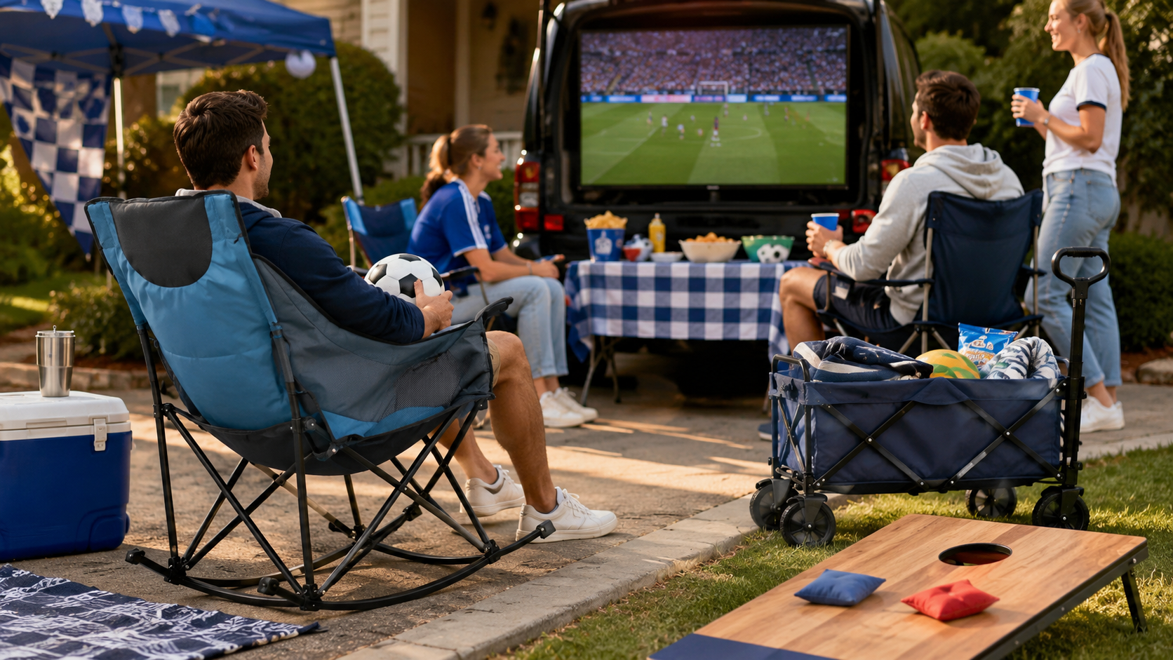 Group of friends watching soccer game on TV set up in SUV trunk at daytime backyard tailgate party, with folding rocking camping chair, snacks, cooler and cornhole game
