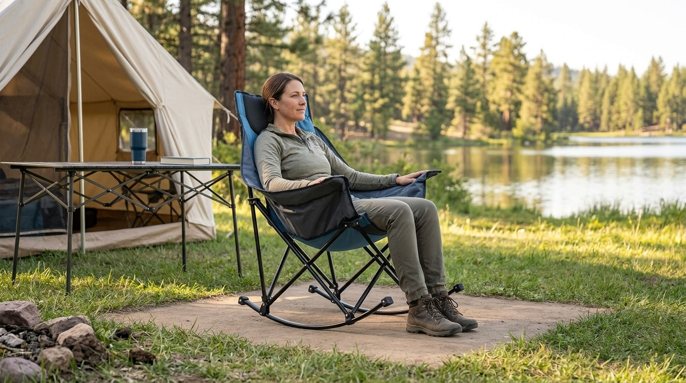 A woman sitting in a camping rocking chair by a lakeside campsite, enjoying the peaceful view of the lake and pine forest during the daytime