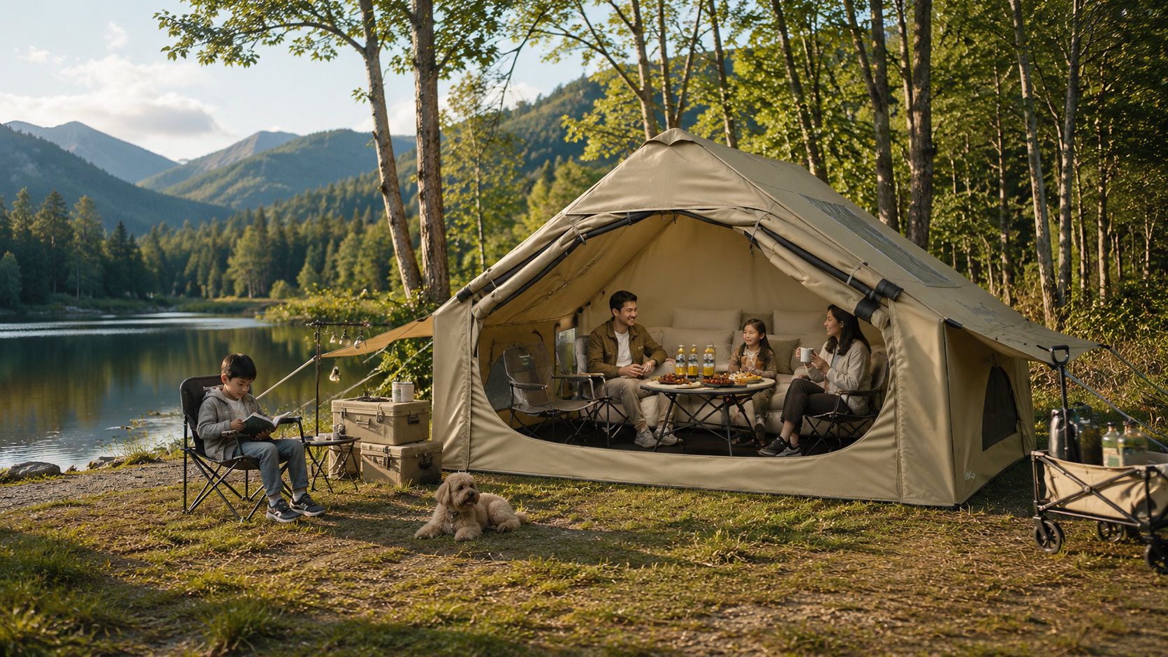 Happy Asian family glamping by mountain lake inside big beige inflatable tent, parents and little girl dining at foldable table, boy reading book on outdoor folding chair, golden retriever puppy lying on grass, green mountain forest and tranquil lake view
