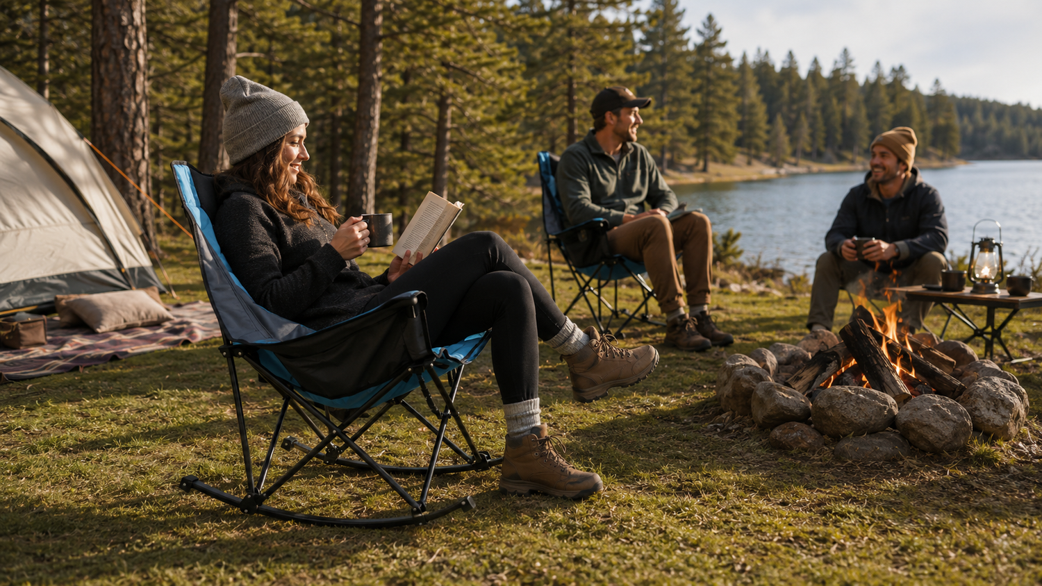 Lady resting with drink on blue gray rocking folding camping chair near lakeside campfire, two people chatting by burning fire pit, SUV, tent and pine forest sunset scenery