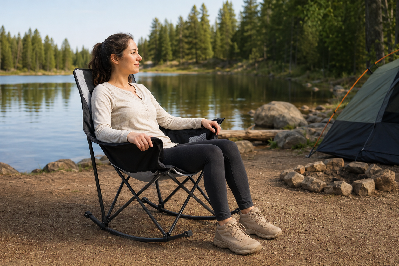 Calm lakeside camping scene, woman relaxing on folding rocking camp chair by glassy lake surrounded by tall pine trees, green dome tent set up on rocky shore beside her, peaceful natural woodland waterfront setting