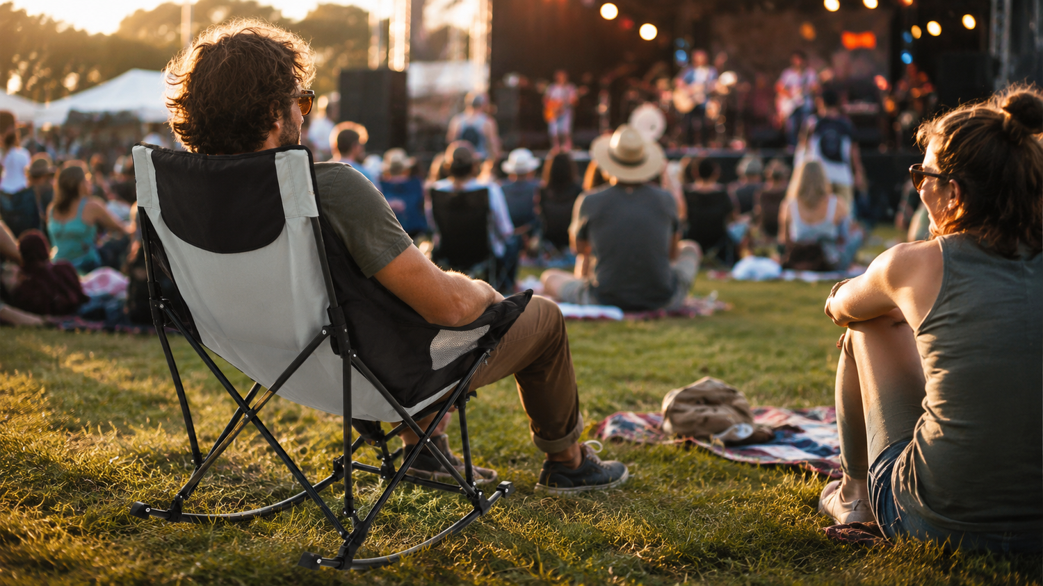 Man sitting on black and beige folding rocking camping chair enjoying outdoor live music festival on lawn at sunset, woman sitting beside on grass