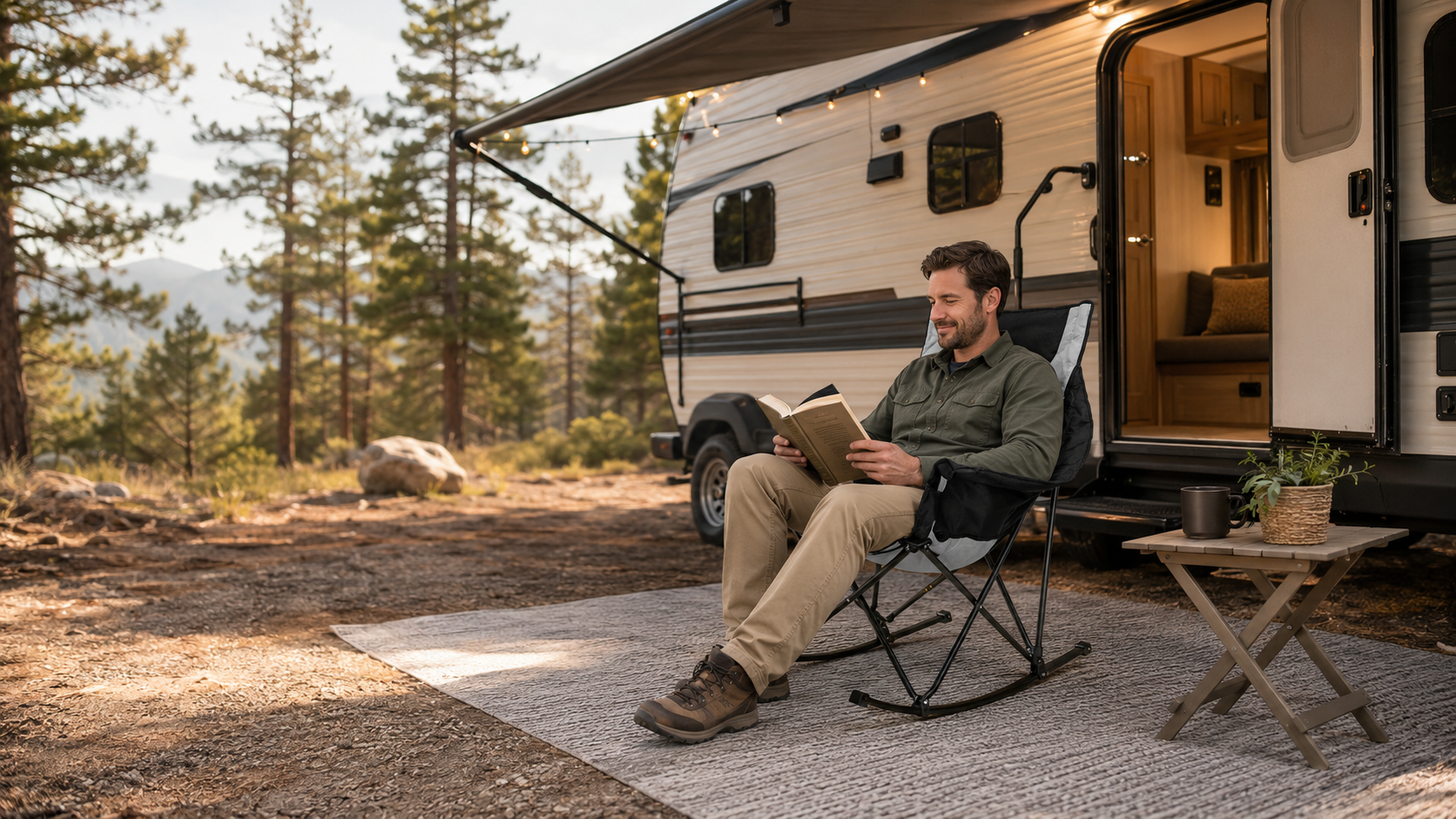 RV outdoor camping scene, man sitting on two-tone folding rocking camping chair reading a book under the RV awning with string lights, small folding wooden side table holding mug and potted plant, pine mountain forest backdrop
