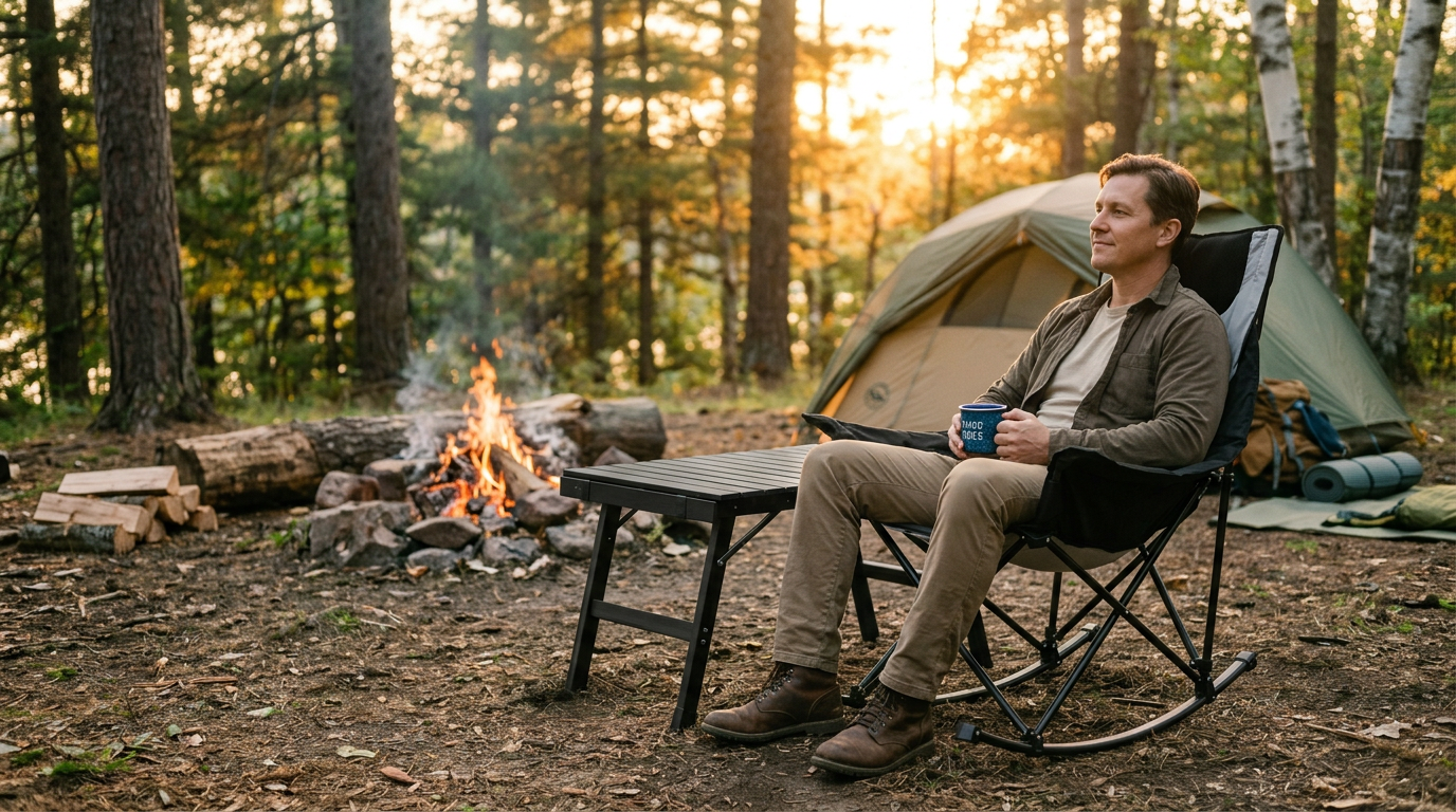 A person relaxing in a properly sized camping chair next to a table