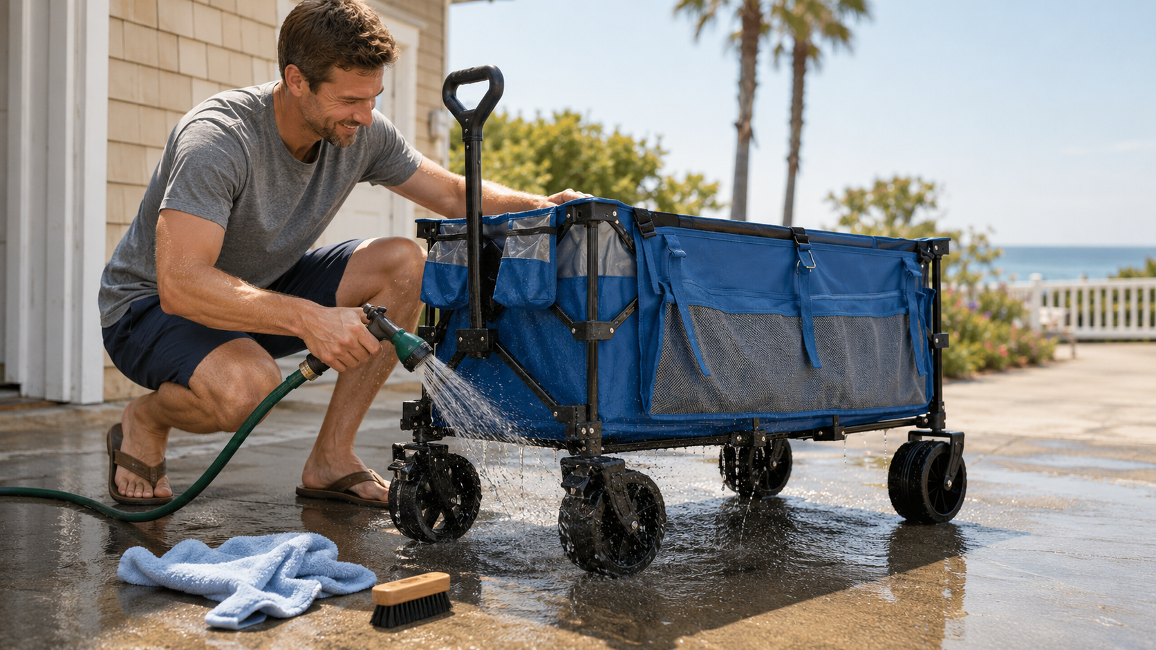Smiling man hosing down fabric and wheels of blue outdoor folding wagon on sunlit coastal patio, ocean and palm trees visible in distance