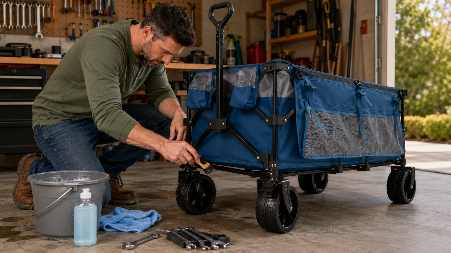 Man scrubbing wheel hardware of blue foldable utility wagon with brush in garage workshop, cleaning bucket, soap bottle and wrenches laid on concrete floor