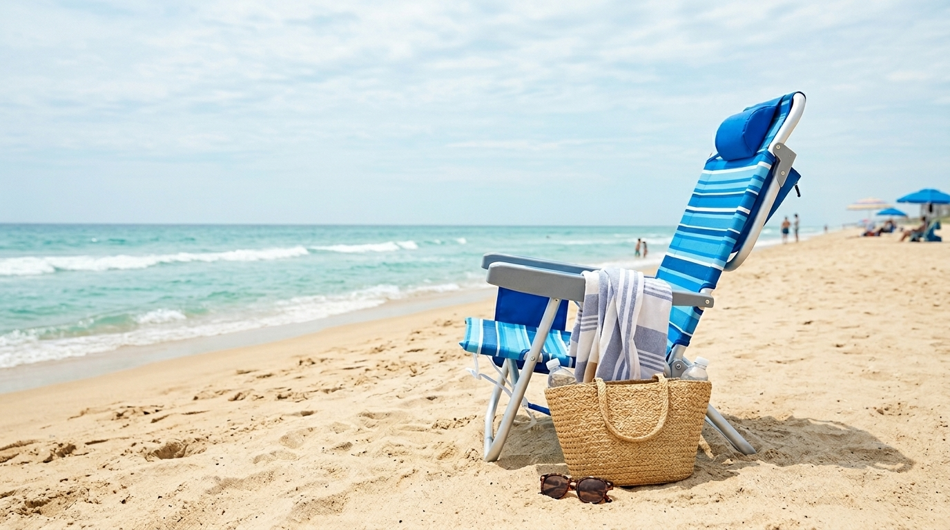 Blue striped beach folding chair with woven tote bag, towel, and sunglasses on a sunny sandy beach