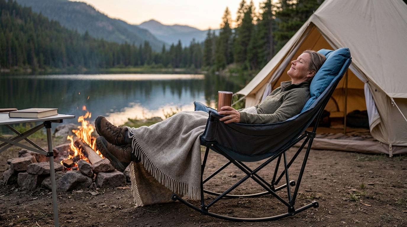 A woman relaxing in a plush rocking camping chair by a mountain lake campsite at dusk, with a campfire, tent, and blanket