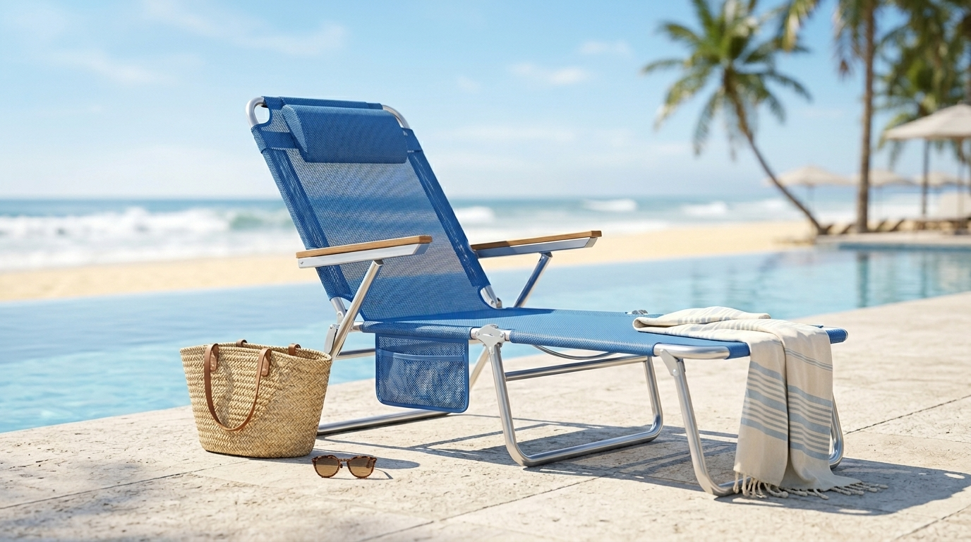 A blue mesh foldable beach lounge chair with wooden armrests, set on a concrete patio by the ocean, with a woven tote bag, sunglasses, and striped towel beside it