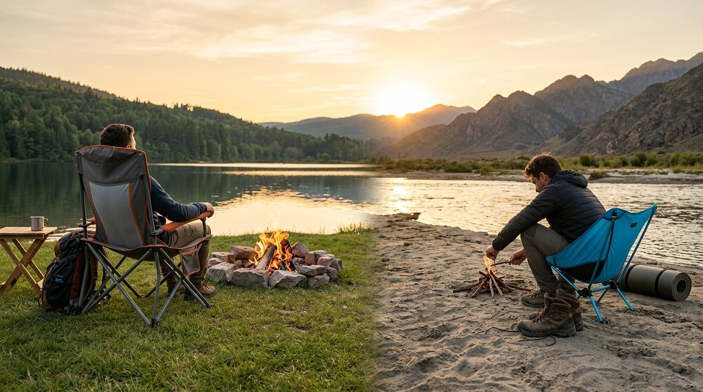 A split-screen landscape at sunset comparing two camping styles: on the left, a high-back chair on firm grass by a lake; on the right, a low camping chair on a sandy riverbank with mountains in the background