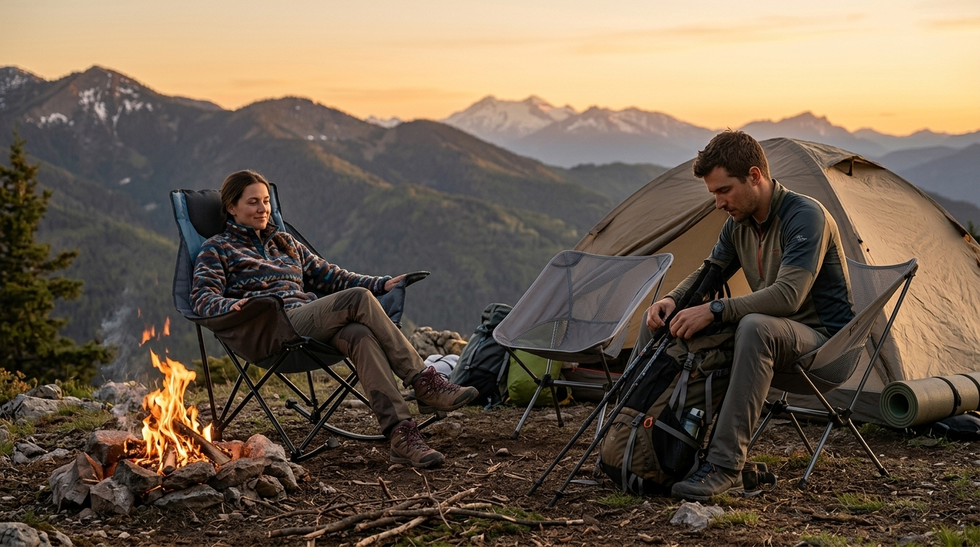 A couple relaxes at a mountain campsite at sunset; the woman sits in a blue-gray rocking camping chair by the campfire, while the man packs his gear by a tent