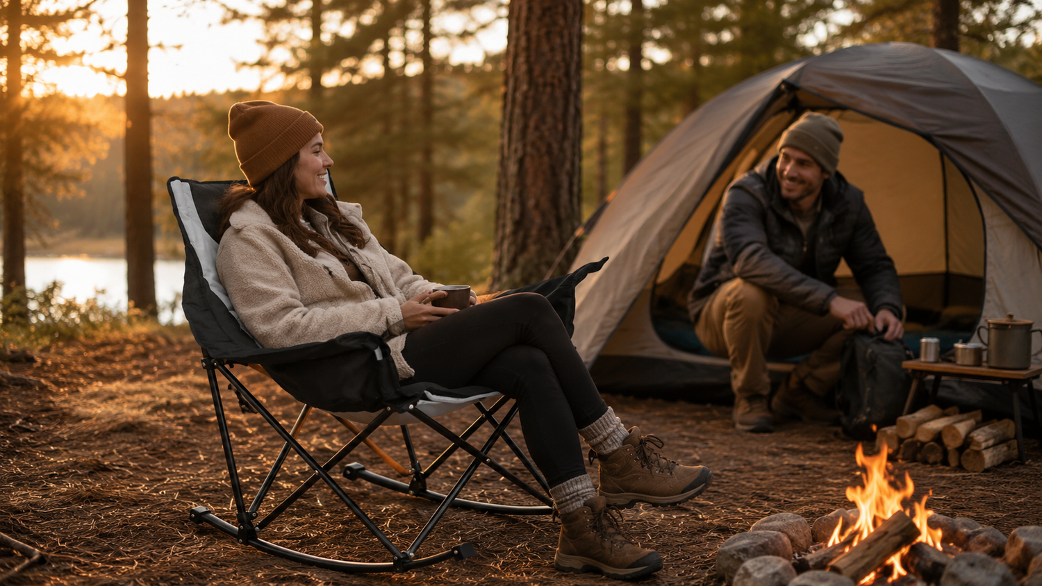 Happy woman sitting on black folding rocking camping chair holding metal mug, couple glamping by campfire and dome tent at sunset pine forest lakeside, outdoor leisure folding moon chair product showcase