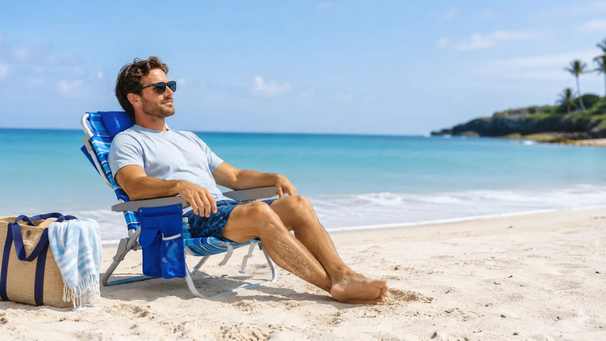 Lightweight beach chair on sandy beach