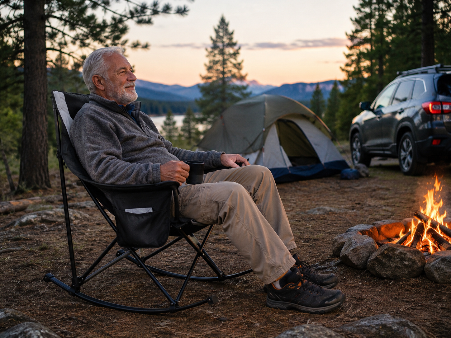 Elderly man resting on padded folding rocking camping chair beside campfire at mountain lakeside campsite, camping tent and SUV in sunset woodland background, wilderness camping rocking chair