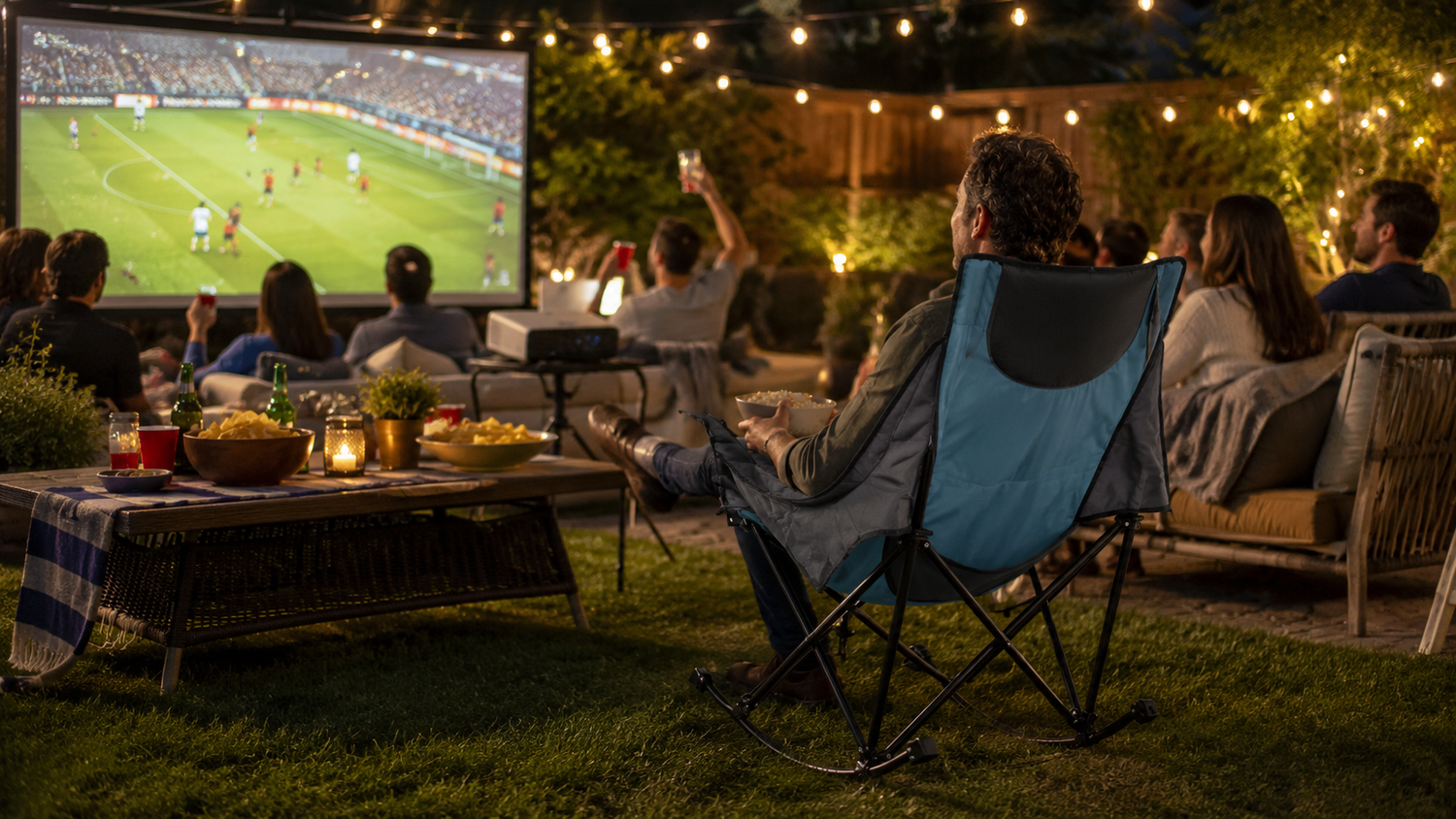 Nighttime garden outdoor movie night for soccer game, man sitting on blue rocking foldable camping chair holding popcorn bowl, crowd of guests watching projection screen, fairy lights and full spread of party snacks