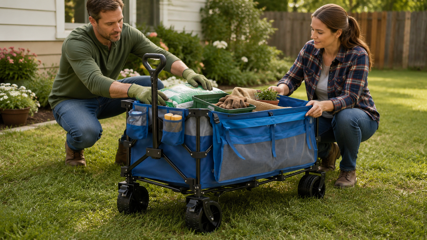 Couple gardening at backyard lawn, both kneeling to organize soil, potted plant and gardening tools inside blue foldable utility wagon beside flower beds and wooden fence