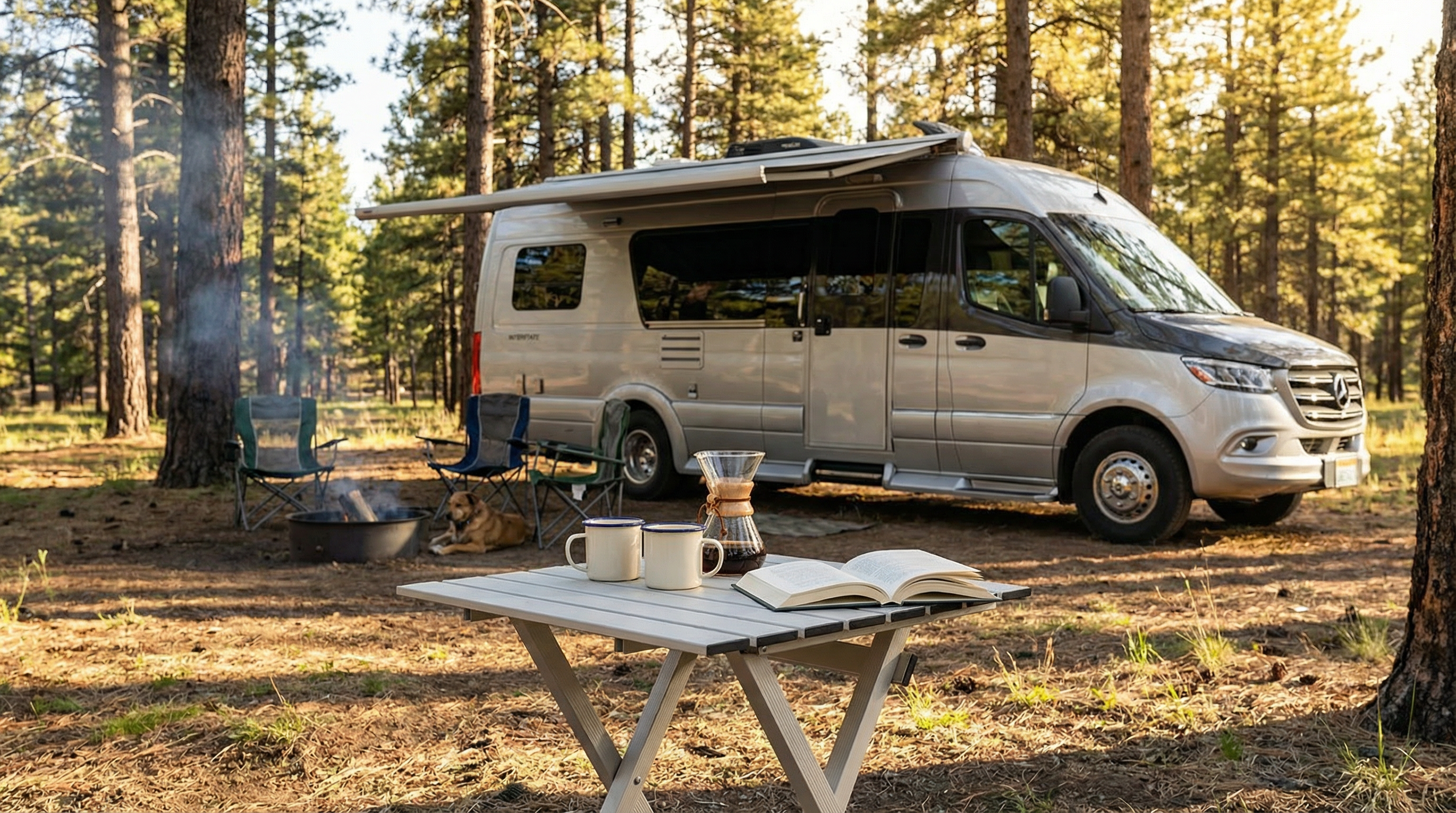 A folding aluminum camping table with coffee and a book set up outside a modern RV in a forest