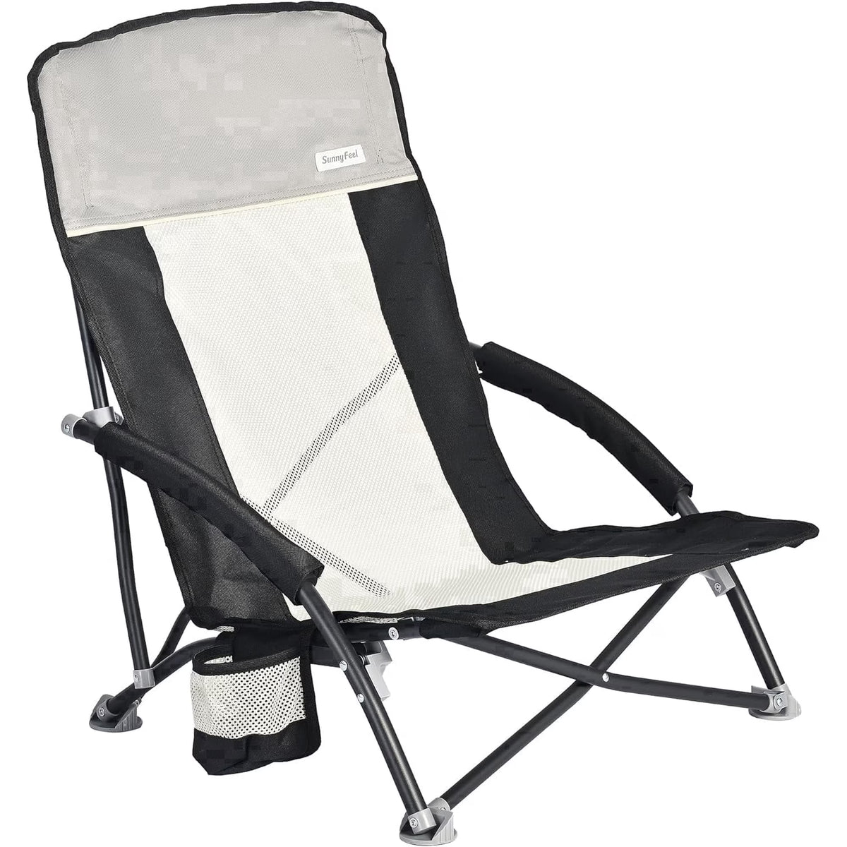 Sunnyfeel Folding Low Beach Chair, Breathable Mesh Lawn Chair with Detachable Cup Holder & Padded Armrests for Beach Camping Patio, 1 Pack, Black