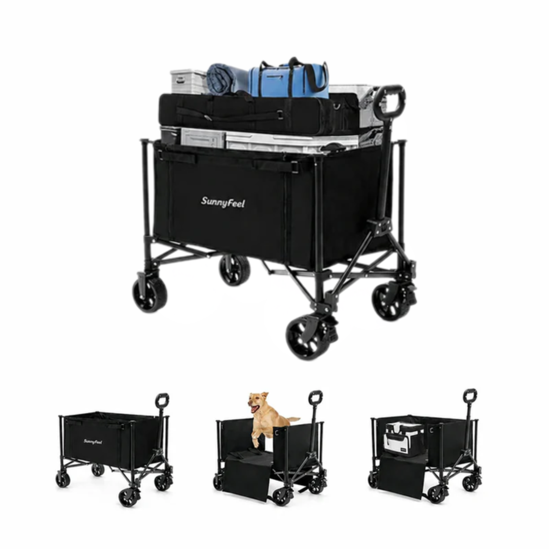 Black folding wagon with various items and a dog on a white background