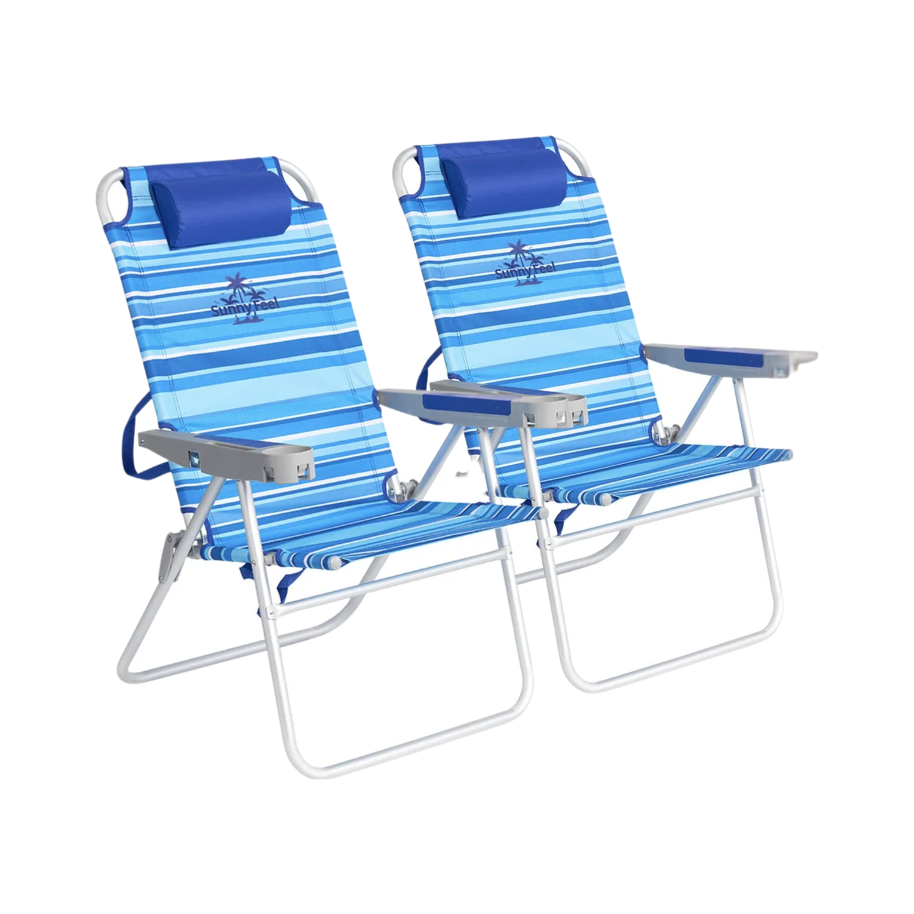 Two blue striped beach chairs with armrest tables on a white background