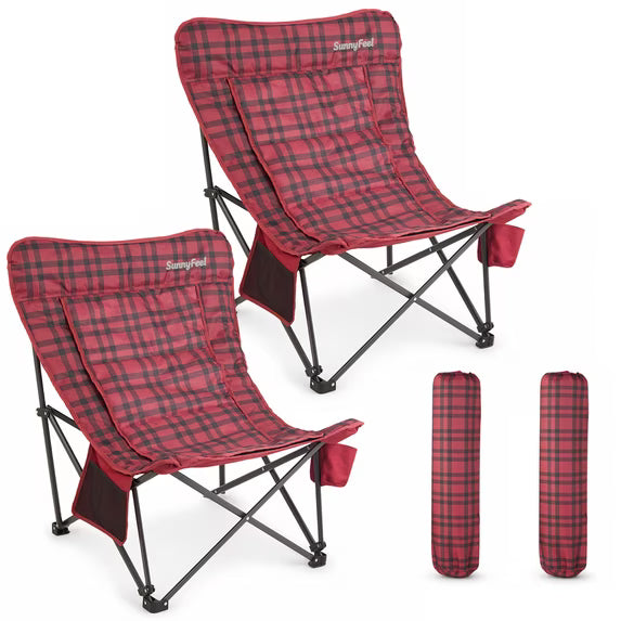 Sunnyfeel 2 Pack Plaid Butterfly Folding Chair,300‑LB Heavy‑Duty Frame,Detachable Neck Pillow, Storage Pockets with Cup Holder,Portable Lounge Chair with Carry Bag for Indoor Outdoor Camping