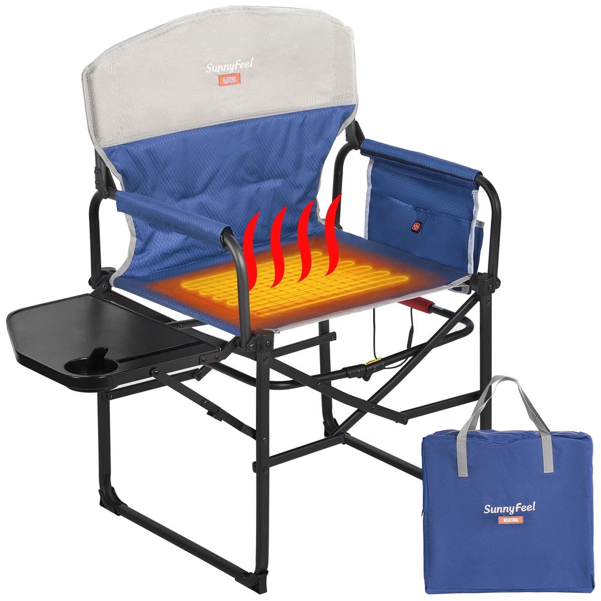 Sunnyfeel Heated Director's Chair, 3 Heat Levels, Dual-Zone Heat, Side Table, 300 lb,1 Pack Blue