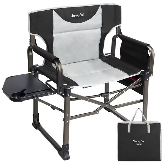 Sunnyfeel Oversized Camping Directors Chair, 600 LBS Portable Folding Chair with Side Pocket and Side Table for Beach, Fishing, Picnic, Lawn, Outdoor, Black