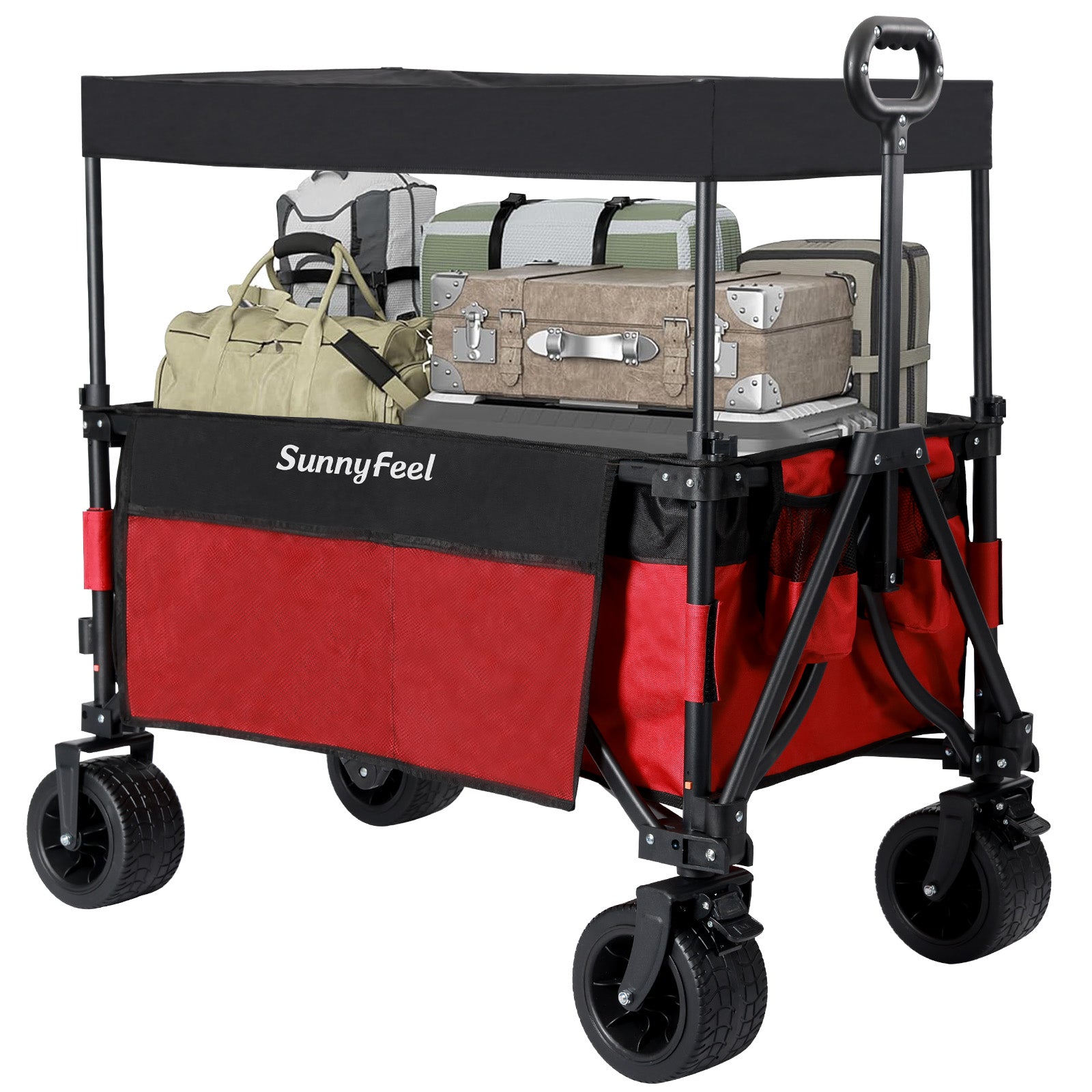 SunnyFeel folding cart with red storage bag and suitcases on a white background