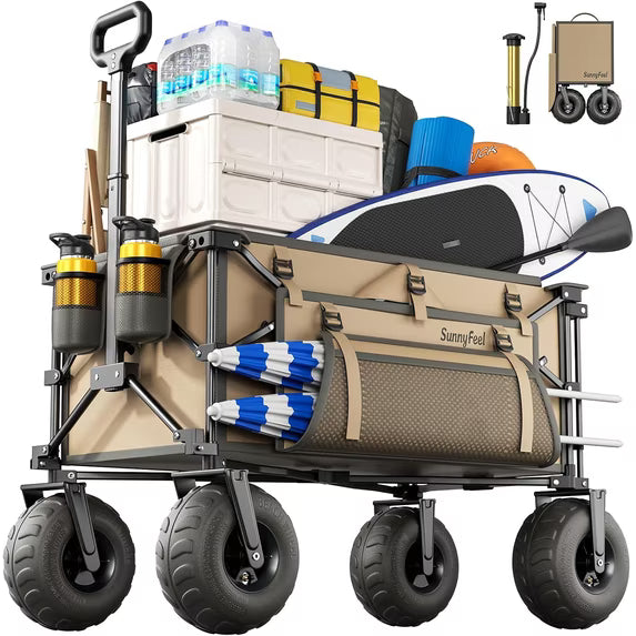 Sunnyfeel Beach Wagon with Big Wheels for Sand - 300L Large Capacity, Khaki