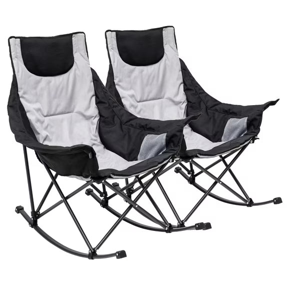 Sunnyfeel 2pk Heavy Duty Oversized Rocking Camping Chair, Foldable Portable Lawn Rocker with Side Pocket & Carry Bag for Outdoor, Picnic, Patio & Backyard, Gray