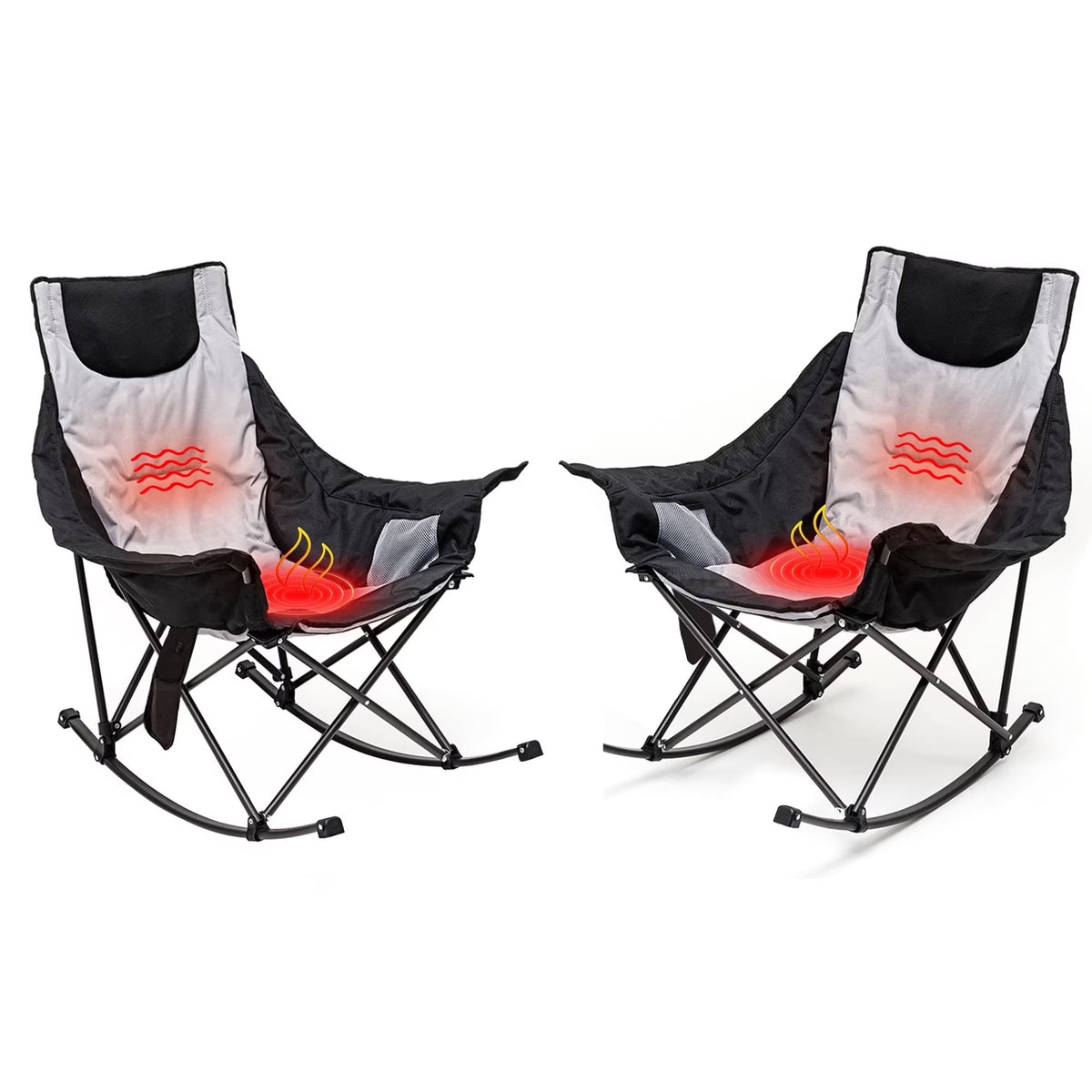 Sunnyfeel 2pk Oversized Heated Folding Rocking Camping Chairs with Carry Bag, Heavy Duty for Lawn/Outdoor/Picnic/Patio, Portable Rocker Camp Chair, Gray
