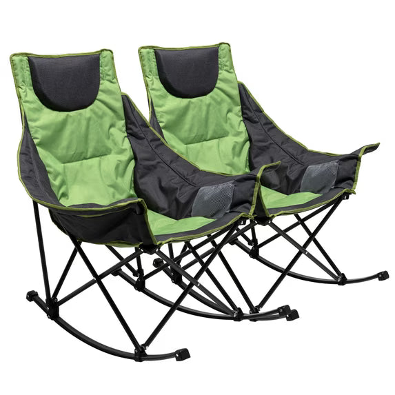 Sunnyfeel 2pk Heavy Duty Oversized Rocking Camping Chair, Foldable Portable Lawn Rocker with Side Pocket & Carry Bag for Outdoor, Picnic, Patio & Backyard, Green