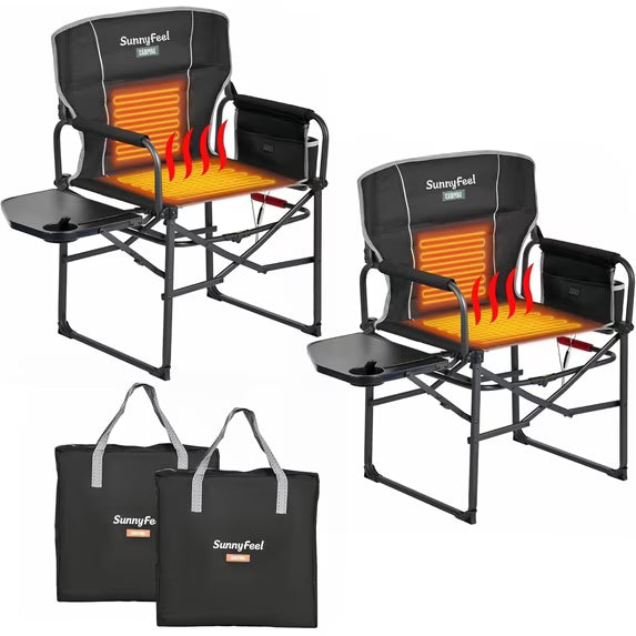 Sunnyfeel Heated Director's Chair, 3 Heat Levels, Dual-Zone Heat, Side Table, 300 lb, 2 Pack Black