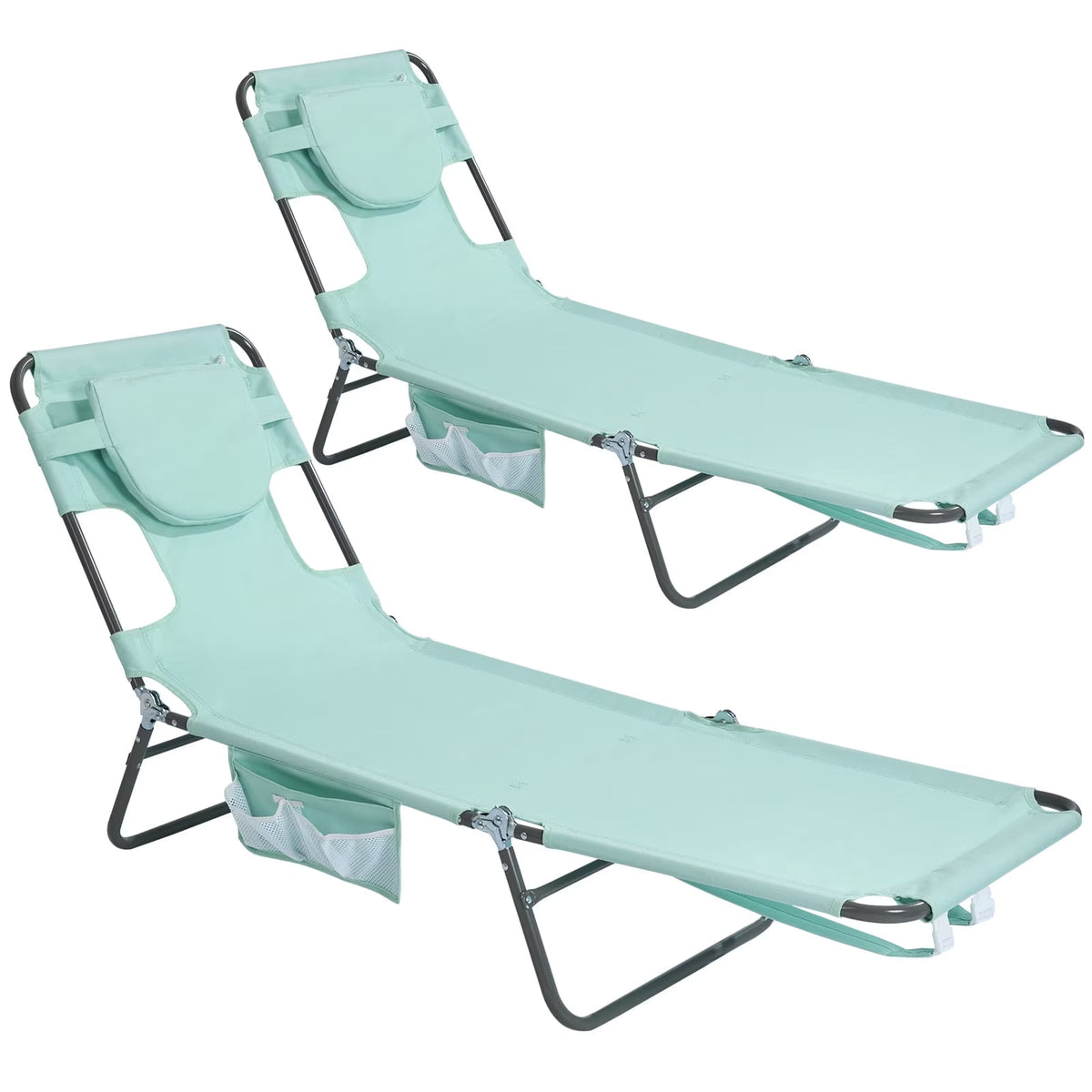 Sunnyfeel 2pk Folding Adjustable Chaise Lounge Chair, Portable Beach Lounge Chair with Backpack Straps & Side Pocket for Outside, Patio, Poolside,Green