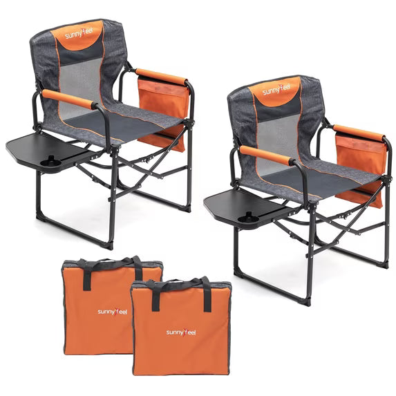 Sunnyfeel 2 Pack Folding Camping Chair with Side Table, Cup Holder, 300 lb Capacity, Mesh, Orange