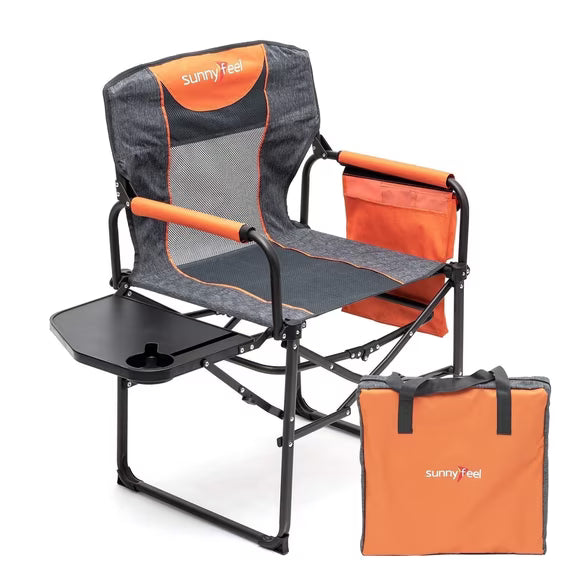Sunnyfeel Folding Camping Chair with Side Table, Cup Holder, 300 lb Capacity, Mesh, Orange