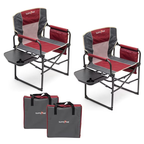 Sunnyfeel 2 Pack Folding Camping Chair with Side Table, Cup Holder, 300 lb Capacity, Mesh, Red