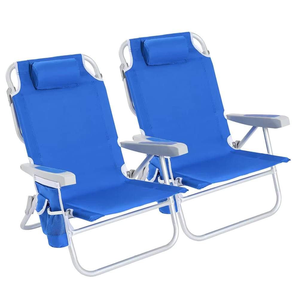 Sunnyfeel 2pk Low Beach Chair 5 Position Lay Flat, Portable Lightweight Folding Backpack Chair with Cooler Bag, Blue