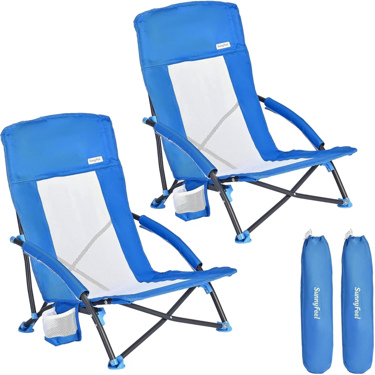 Sunnyfeel Folding Low Beach Chair, Breathable Mesh Lawn Chair with Detachable Cup Holder & Padded Armrests for Beach Camping Patio, 2 Pack, Blue