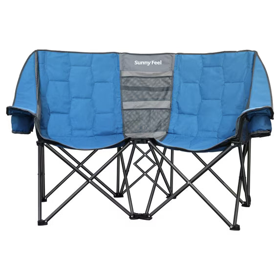 Sunnyfeel Heavy Duty Double Camping Chair Folding Loveseat with Mesh Storage, Comfortable for 2 Person, Blue