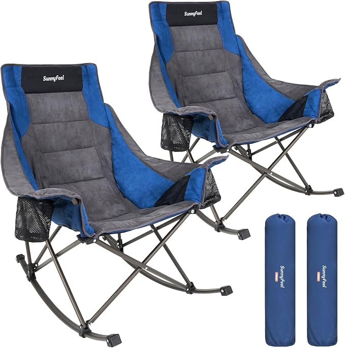 Sunnyfeel 2 Pack Oversized Folding Rocking Camping Chairs, High Back Fully Padded Outdoor Rocker Recliners, Portable Lawn Patio Rocking Chairs with Side Pocket, Supports Up to 500 LBS