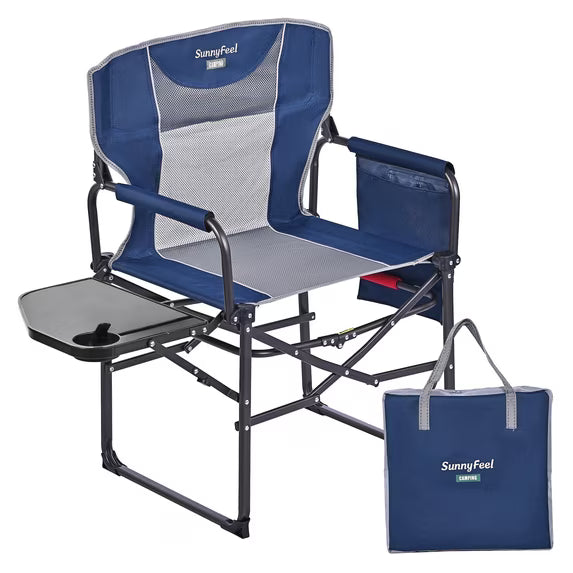 Sunnyfeel Folding Camping Chair with Side Table, Cup Holder, 300 lb Capacity, Mesh, Blue