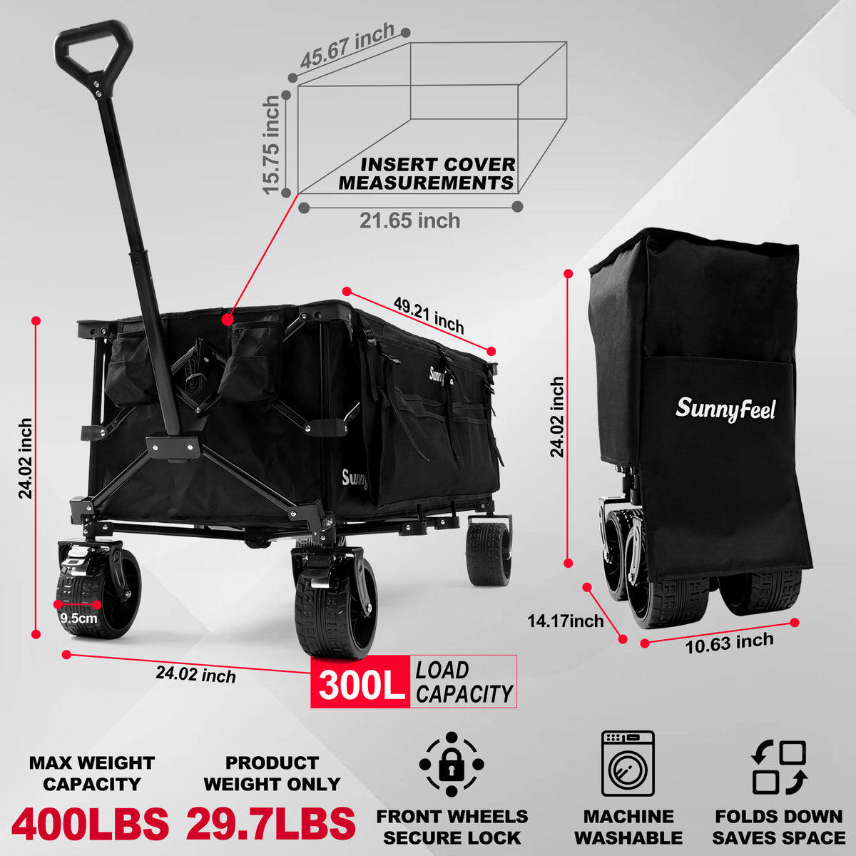 SUNNYFEEL 49" Extra-Long Collapsible Wagon – 550LB Heavy-Duty Folding Cart with Big Wheels