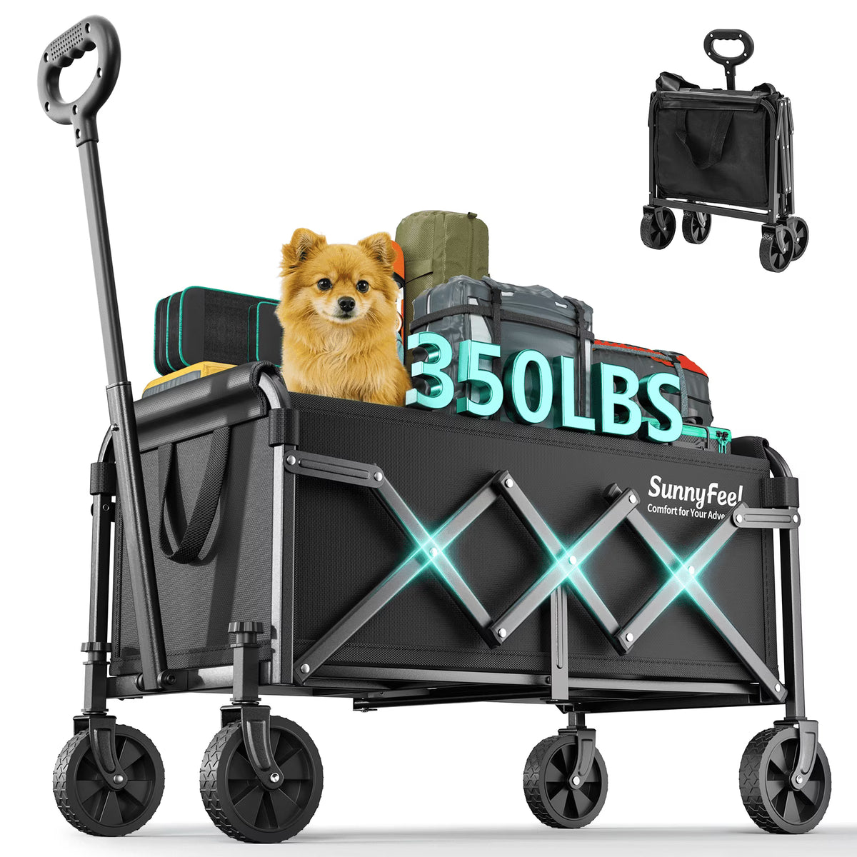 Sunnyfeel Collapsible 350lbs Wagon Cart, Foldable Utility Cart for Shopping Camping Garden Beach,Black