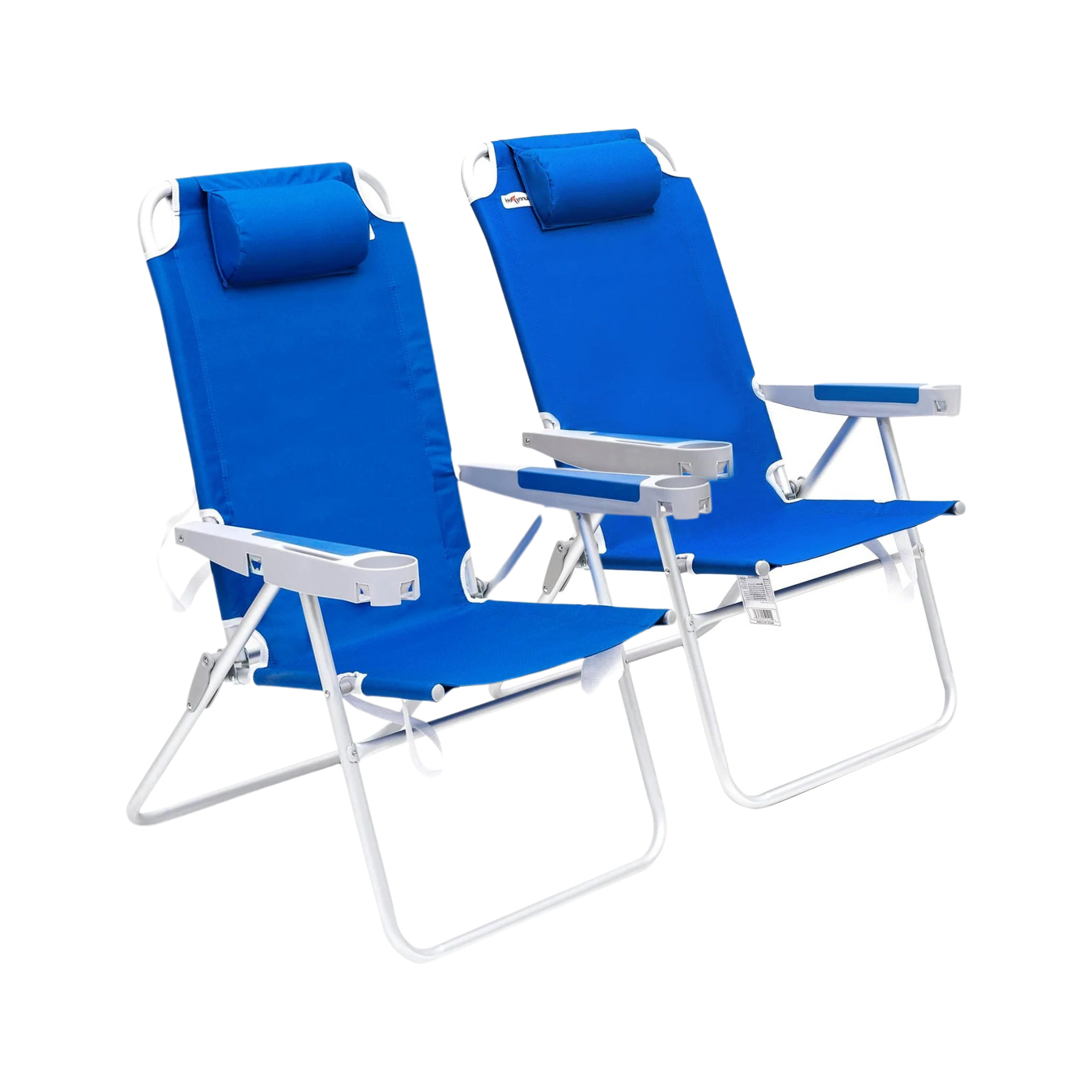 Two blue folding beach chairs with white frames on a white background