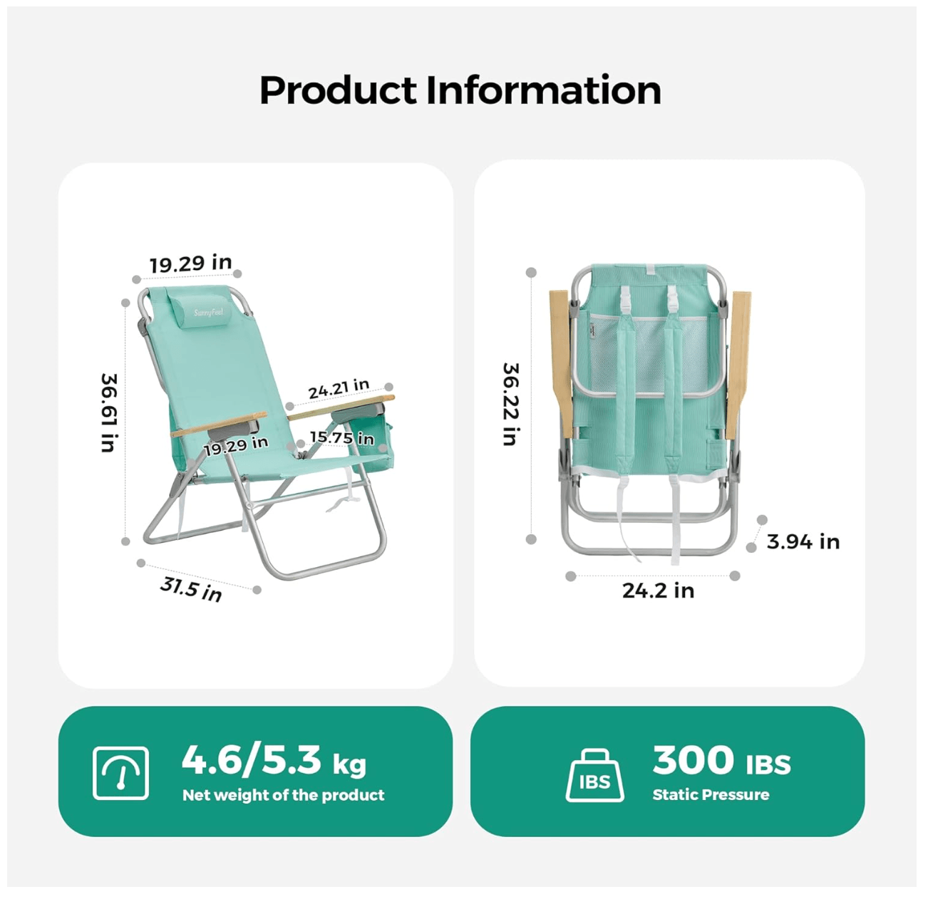 Product information for a folding chair with dimensions and weight details.
