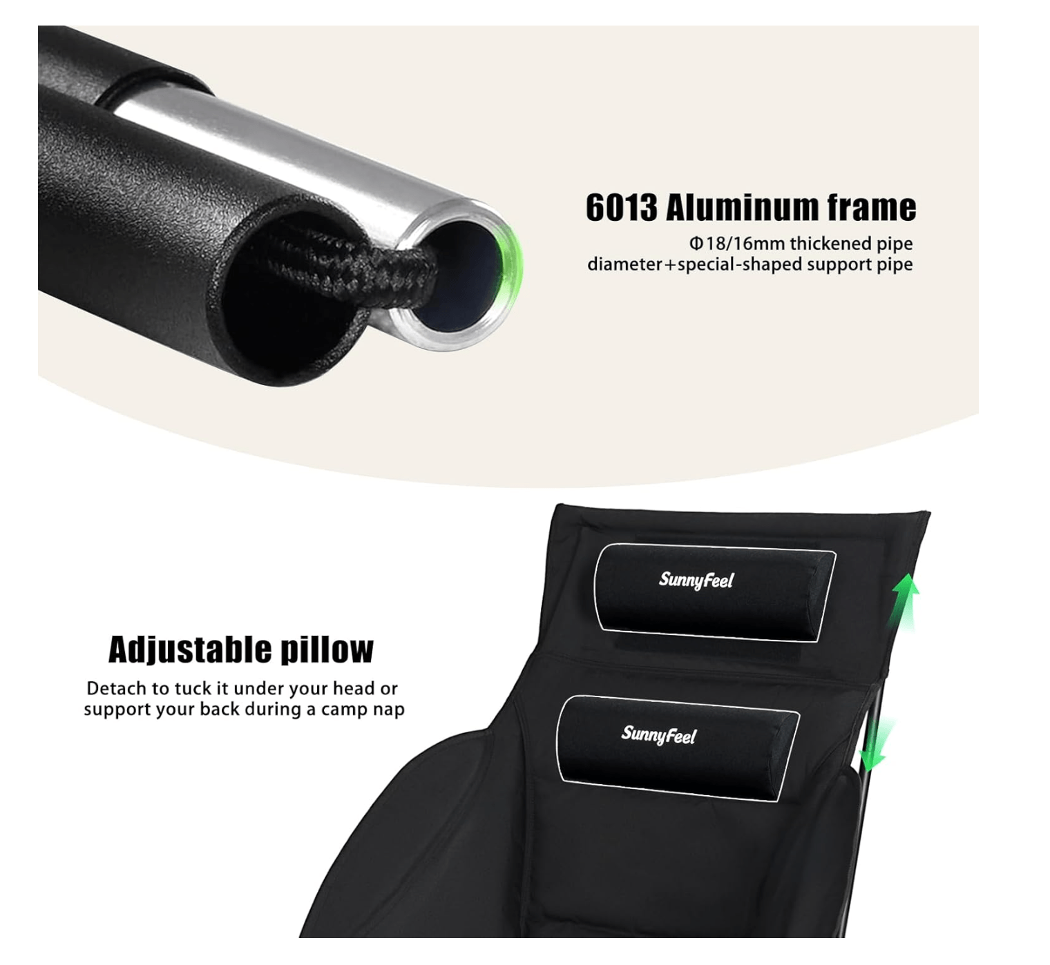 Black adjustable pillow with SunnyFeel branding and 6013 aluminum frame details on a white background.