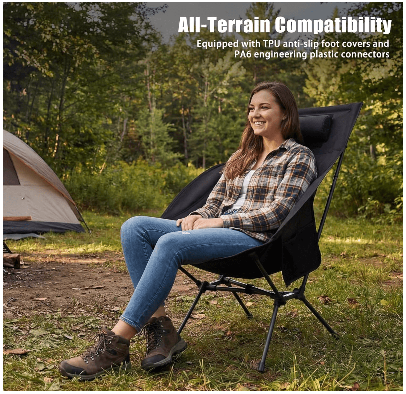 Person sitting on a camping chair in a forest with text about all-terrain compatibility.
