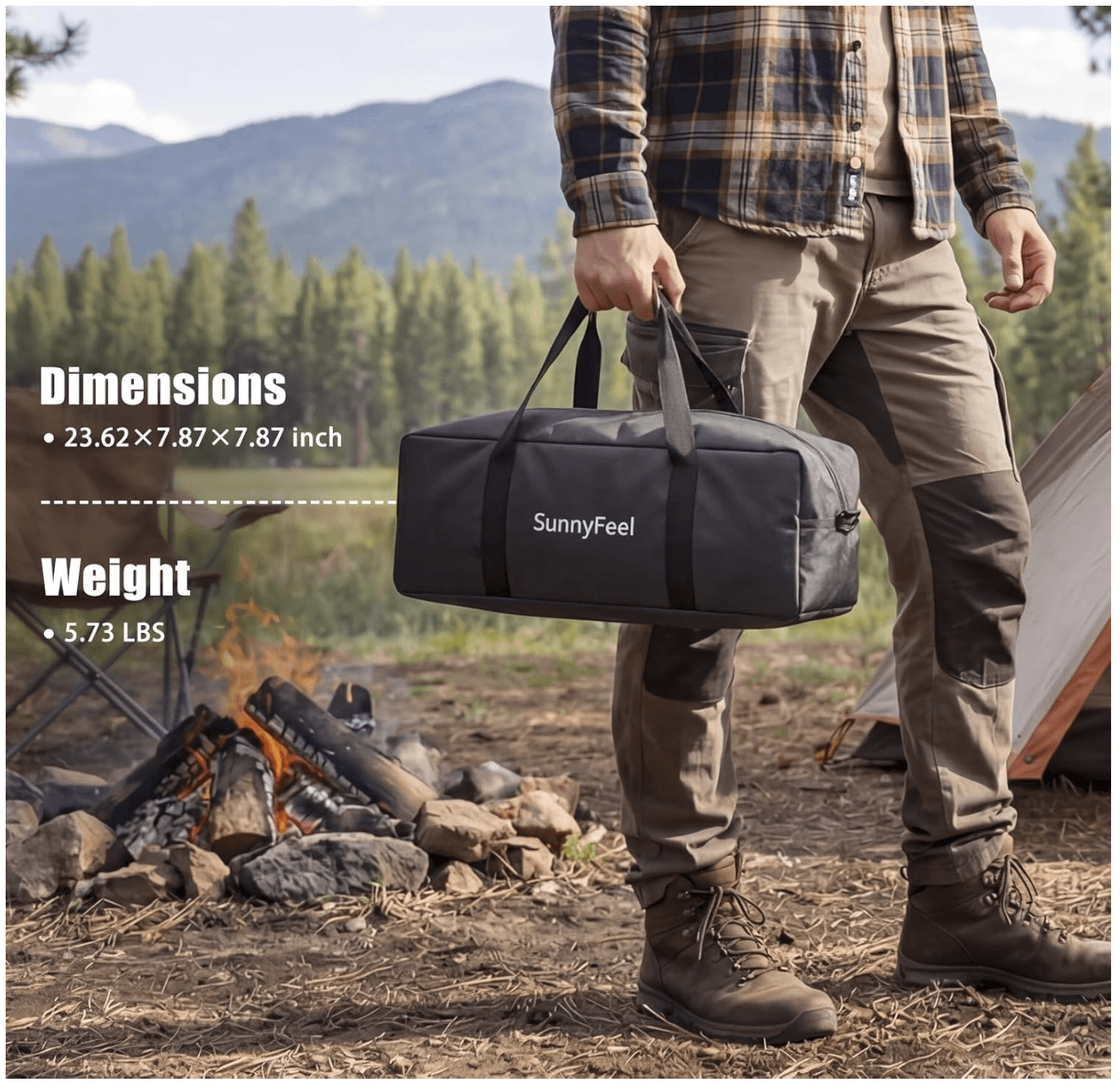 Person holding a gray duffel bag with camping scenery in the background